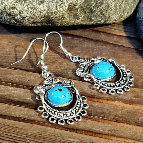 Antique Silver Art Nouveau Faux Turquoise Stone Dangle Earrings - Picture 5 of 6
